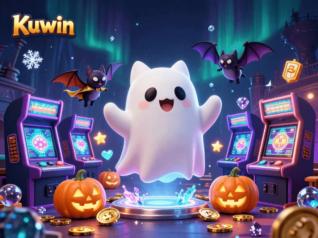 Experience Kuwin's thrilling casino adventures with a ghost cat and vampire bat amid vibrant gaming machines.