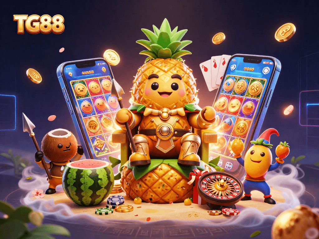 Engage with TG88's vibrant virtual casino experience featuring a pineapple king and immersive gaming elements.