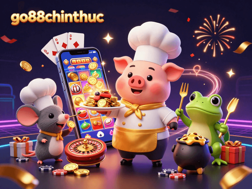 GO88ChinhThuc features a playful chef pig serving golden coins amidst vibrant casino elements.