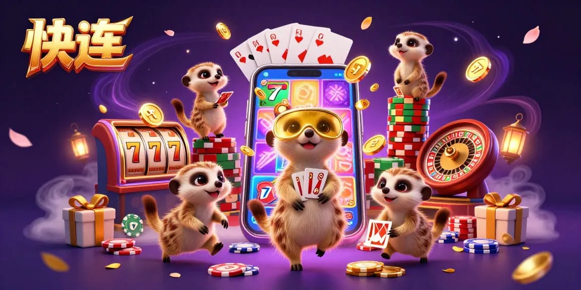 快连 offers an exhilarating casino experience with meerkats managing a slot machine operation and golden coins erupting around them.