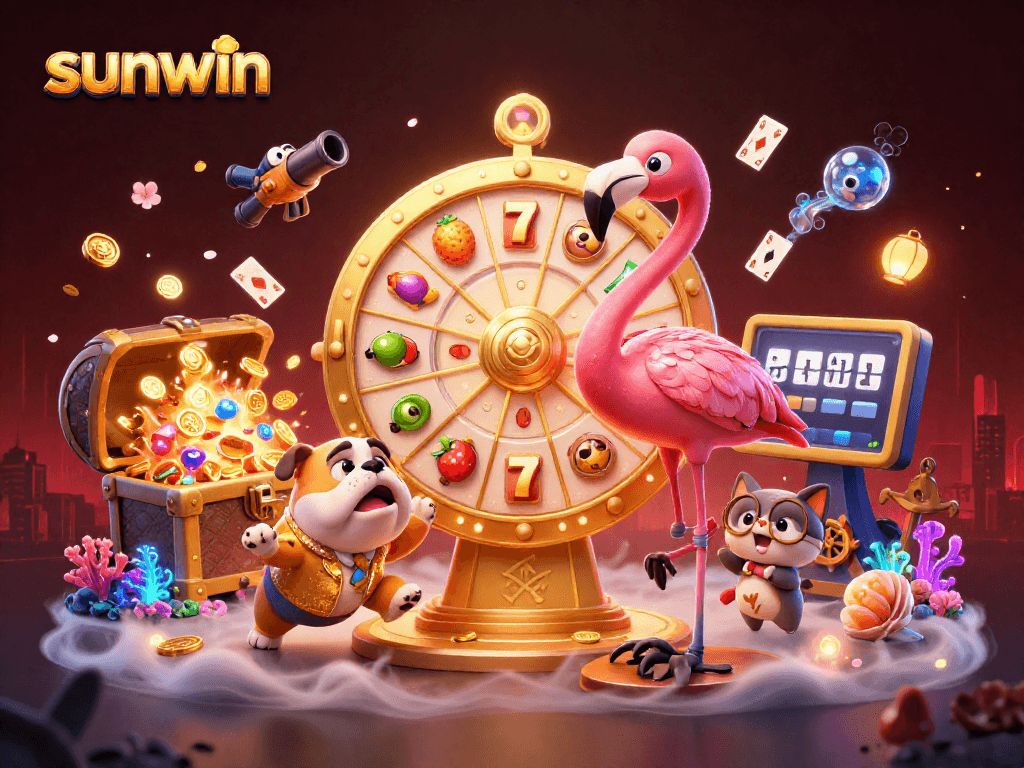 Experience the excitement of sunwin's vibrant casino atmosphere with a colorful prize wheel and charming characters.