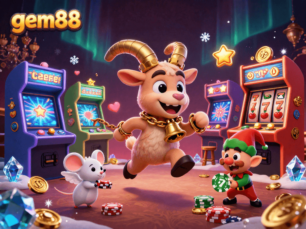 Experience gem88's thrilling casino chaos with Krampus, an angel mouse, and mischievous gremlins stealing chips.