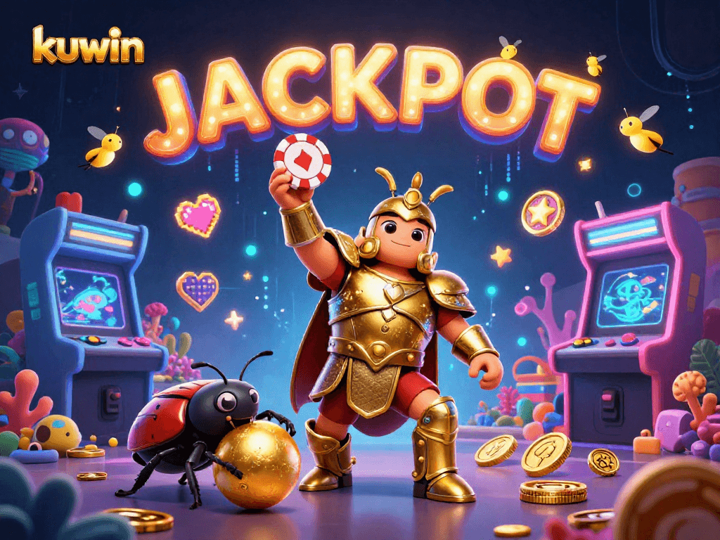 kuwin showcases a victorious beetle character with vibrant fish game elements and jackpot spellings.