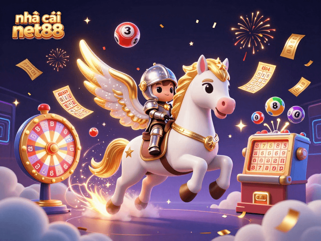 Experience excitement at nhà cái net88 with vibrant lottery balls and a 3D knight riding a celestial horse.