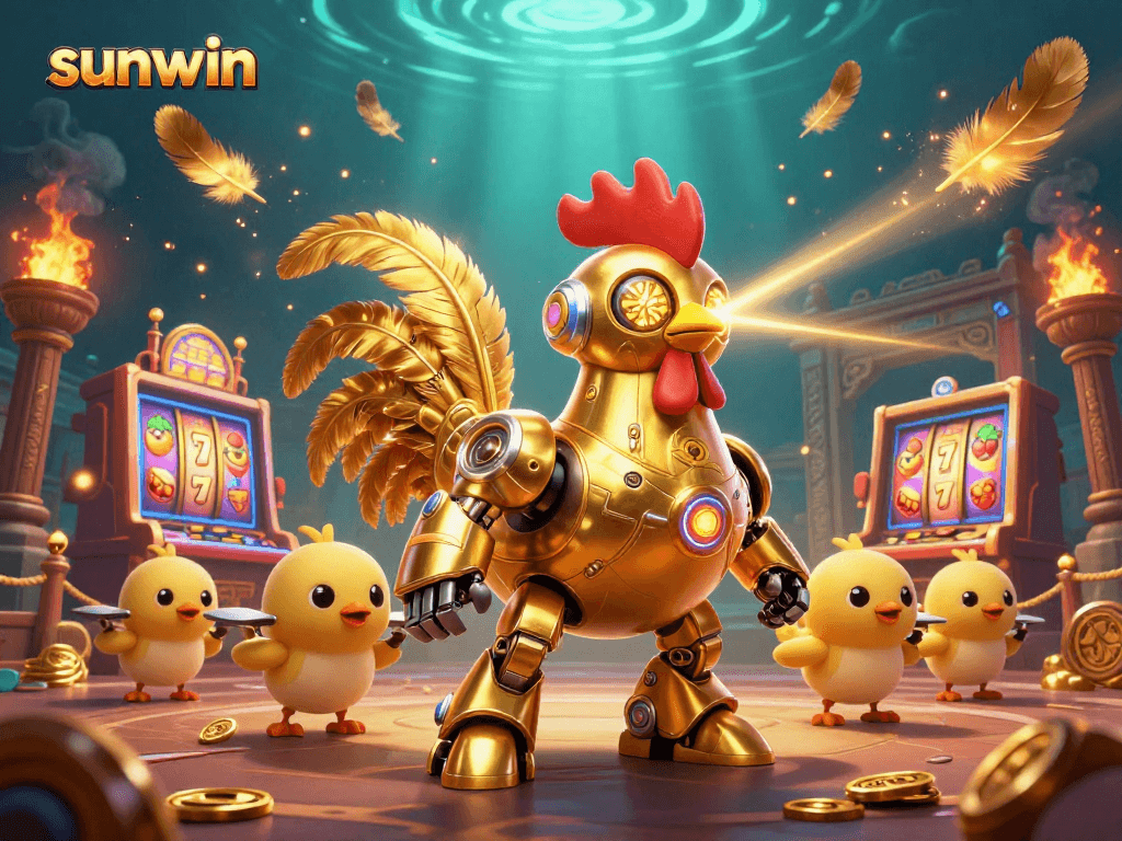 Experience the thrill of sunwin with a golden rooster robot leading slot adventures surrounded by floating gold coins.