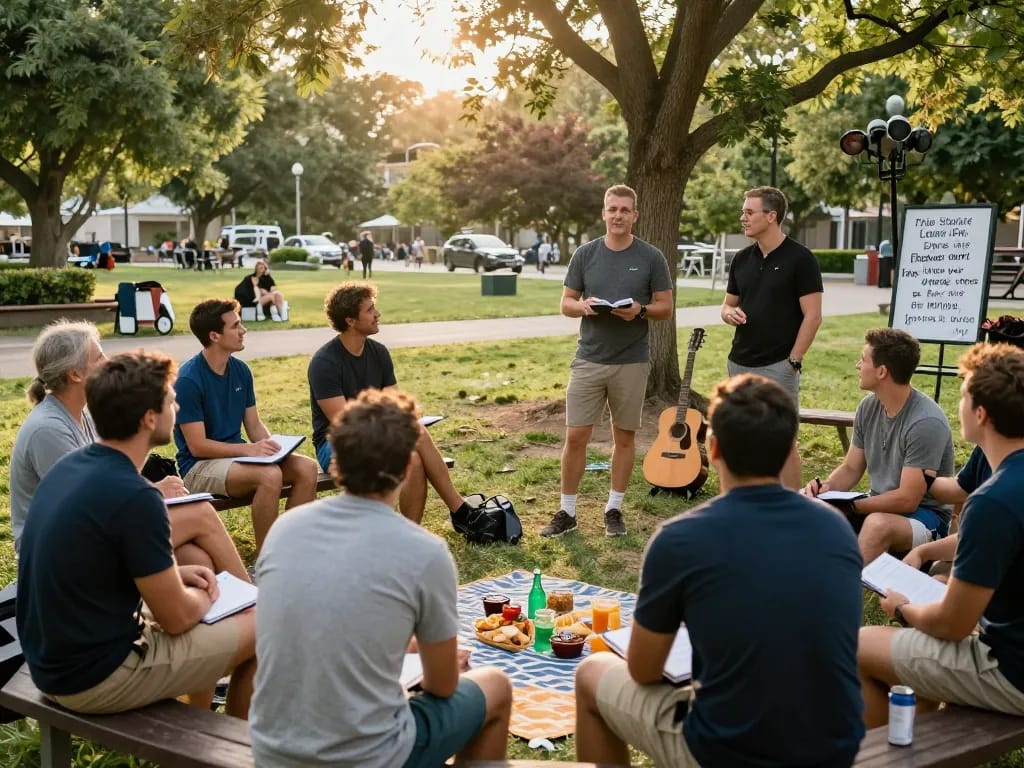 Men engaging in discussions at a manclub wellness gathering, sharing experiences and building connections.