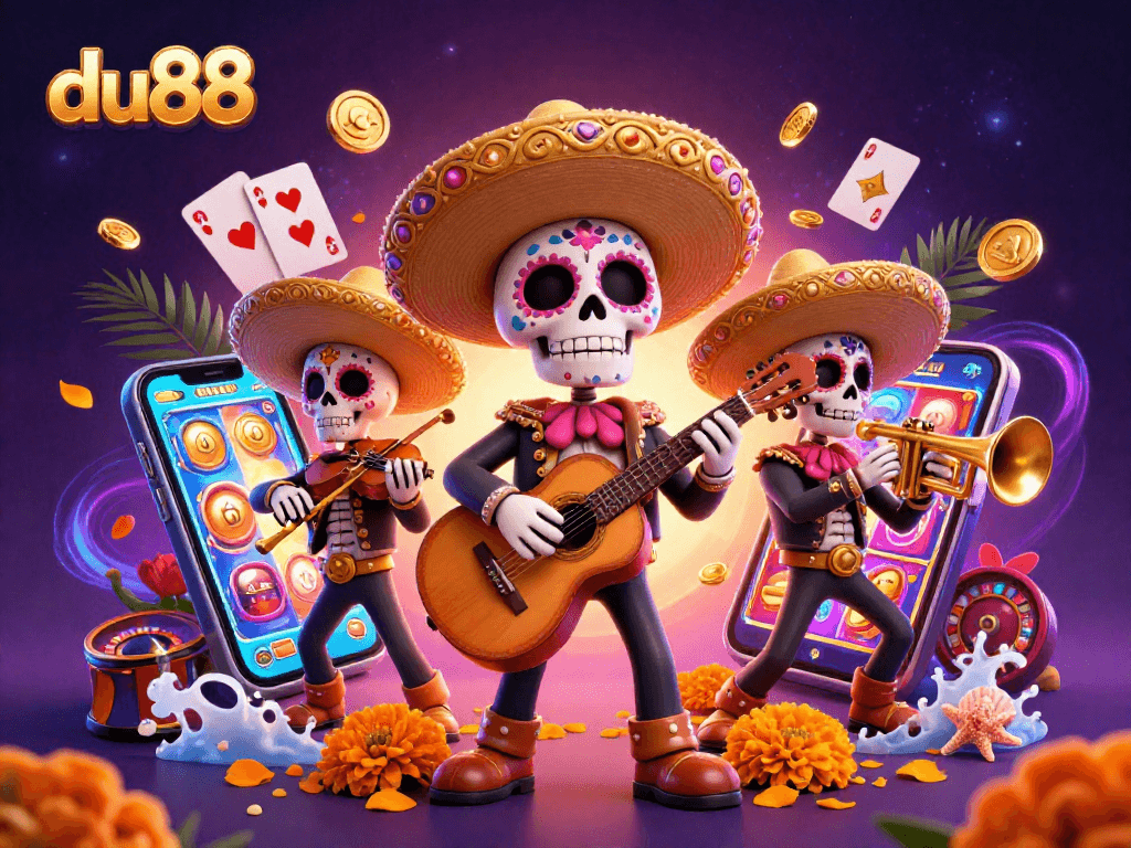 Experience du88's vibrant gaming atmosphere with a mariachi band amidst exciting slot games and casino elements.
