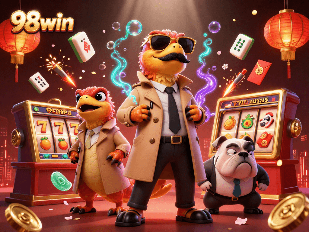Experience 98win with colorful 3D characters and vibrant casino elements in a lively scene