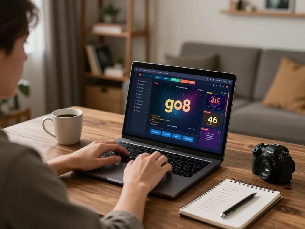 Player engaging with go8 online casino interface, showcasing gambling strategies in a cozy home setting.