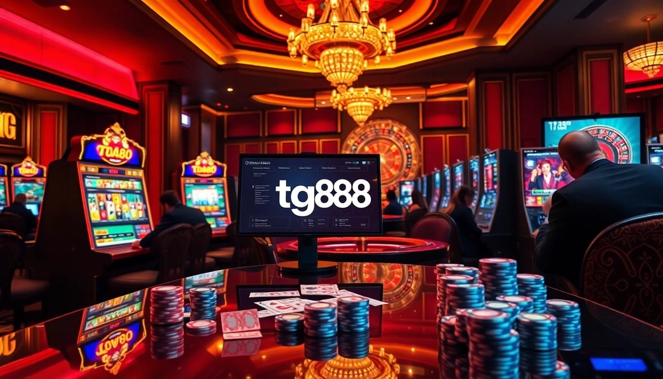 A lively tg88 online casino scene featuring digital tables, poker chips, and vibrant slot machines.