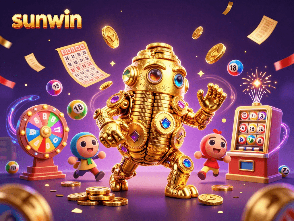 Experience excitement with sunwin's lottery and casino elements in a vibrant, dynamic 3D illustration.
