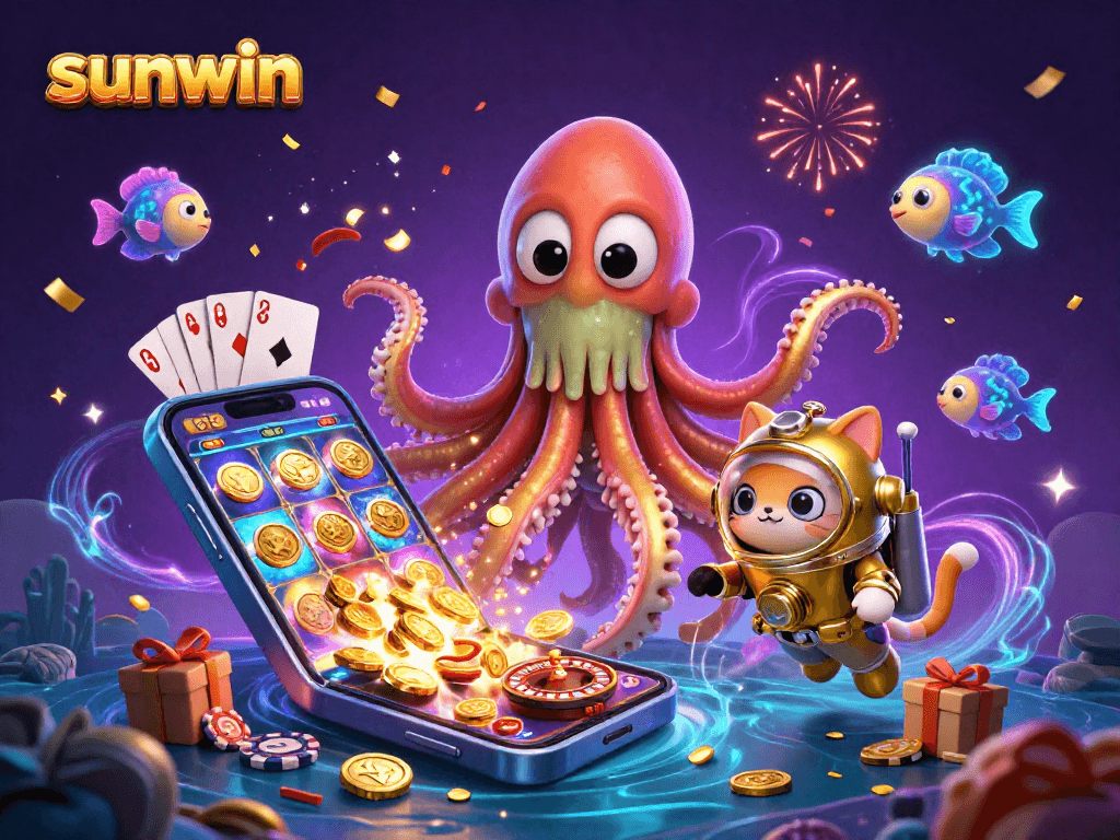 Experience thrilling gaming action at sunwin with a layered scene of playful characters and vibrant casino elements.