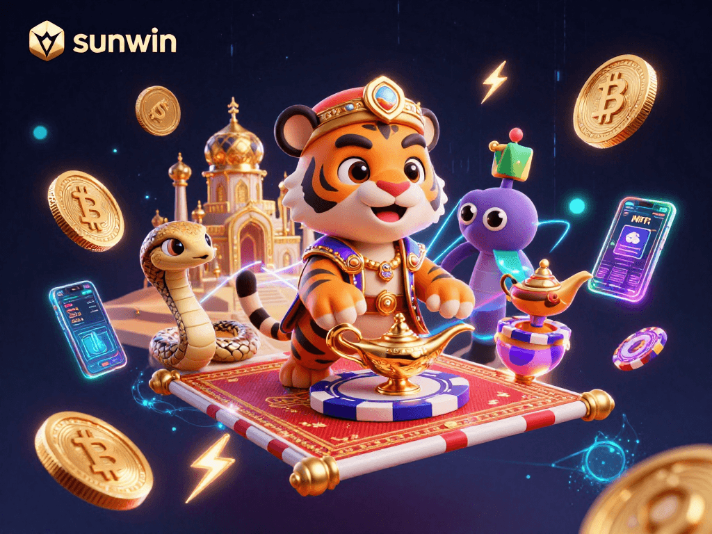 Engage with sunwin's thrilling casino games in a dazzling Arabian Nights-themed illustration.
