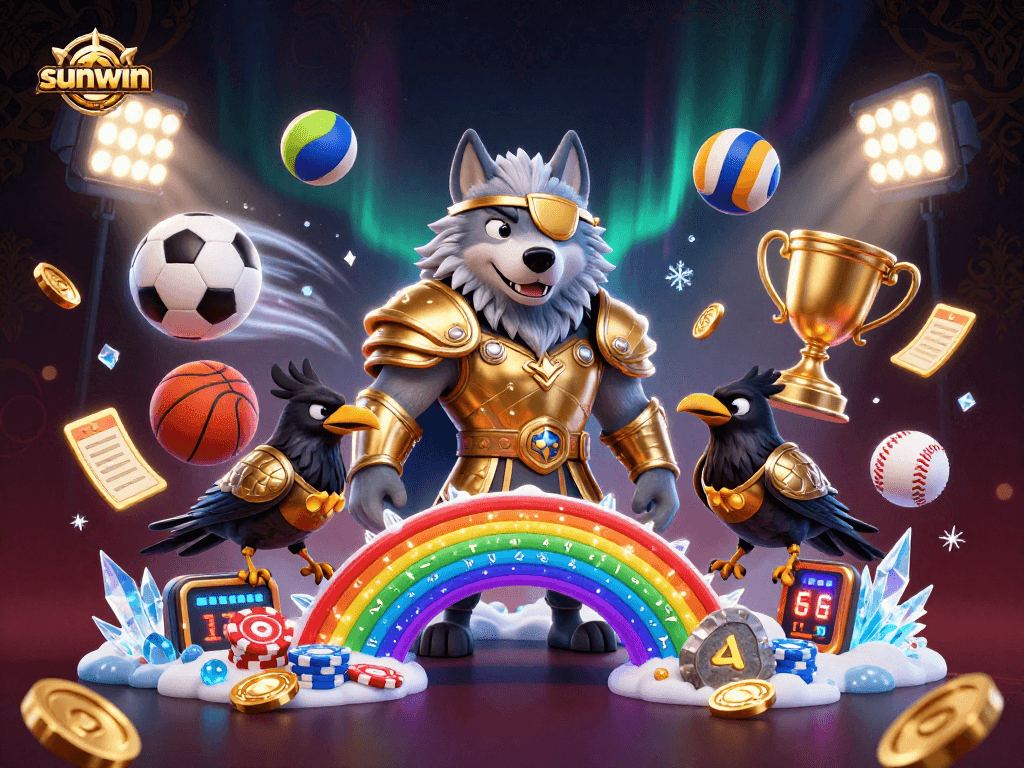 Bet on sunwin with a colorful 3D casino scene featuring mythological characters, sports elements, and vibrant effects.