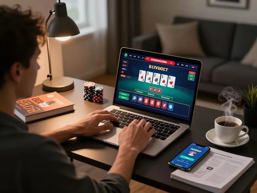 Player engaging in online casino gaming at home using the fly88 select platform with warm ambient lighting.