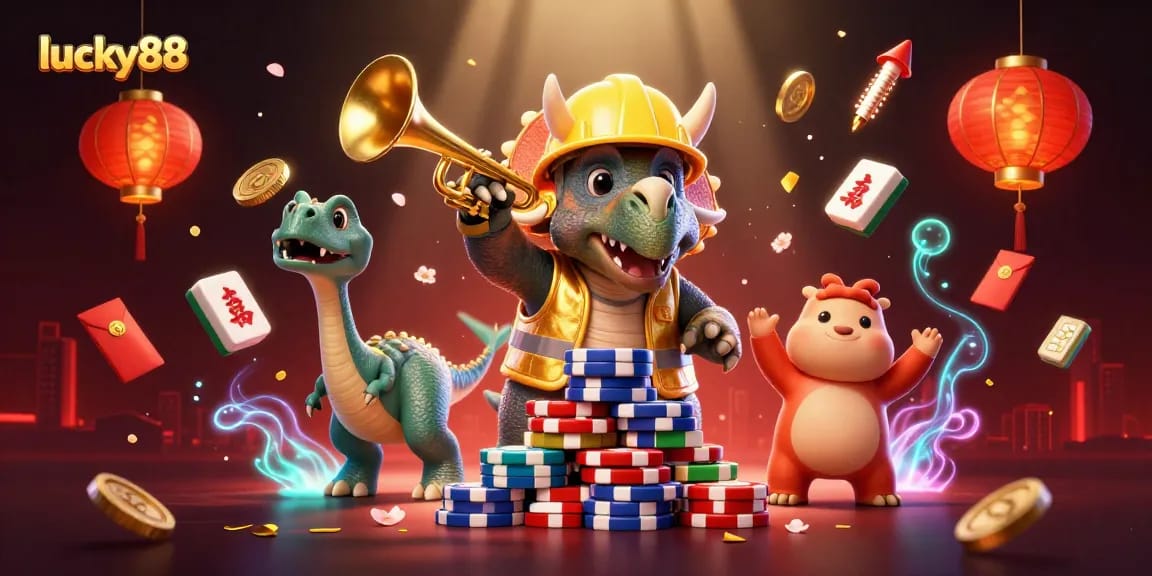 Lucky88 features 3D characters celebrating with poker chips, Mahjong tiles, and festive decorations, embodying a dynamic casino experience.