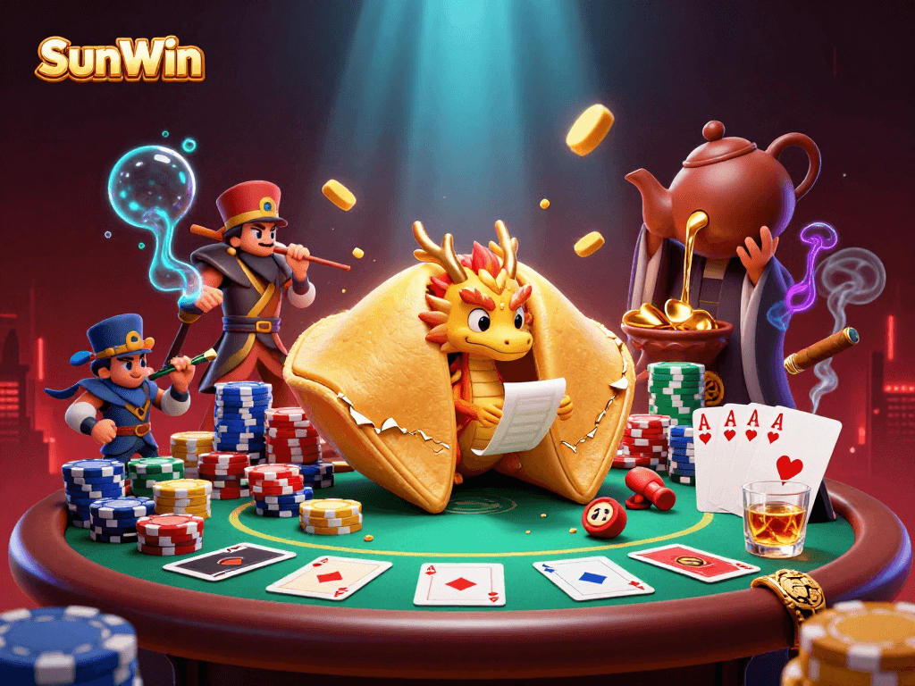 Experience the excitement of SunWin with a magical 3D casino scene featuring a golden cookie, dragon, and poker elements.