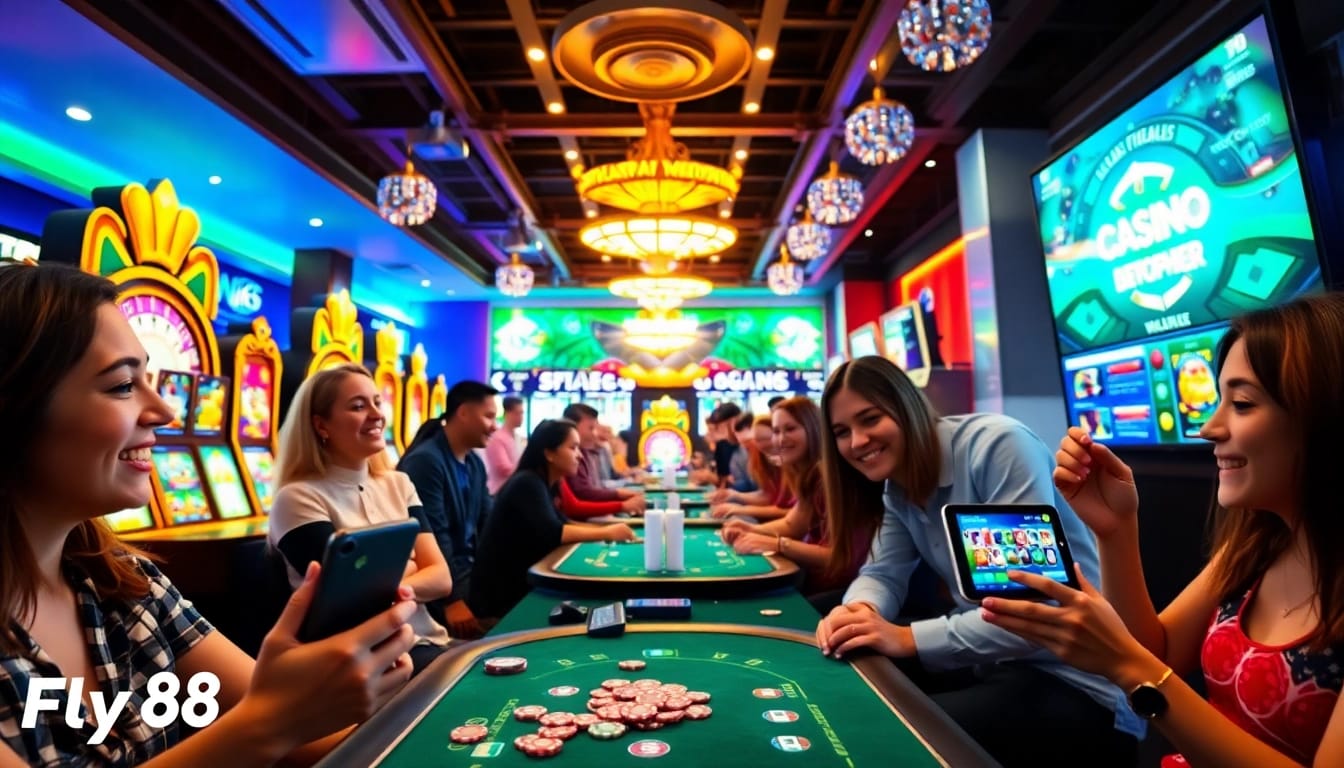 Fly88 online gaming experience with players engaged in lively casino games and modern interfaces.