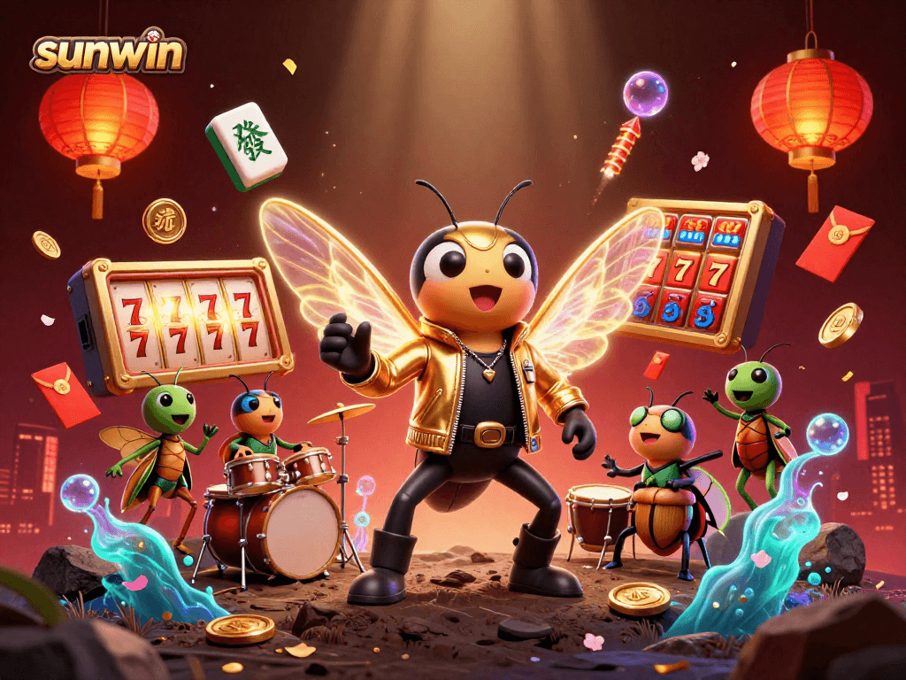 Experience the excitement of sunwin with a vibrant casino-themed 3D illustration of a cicada rock star and gaming elements.