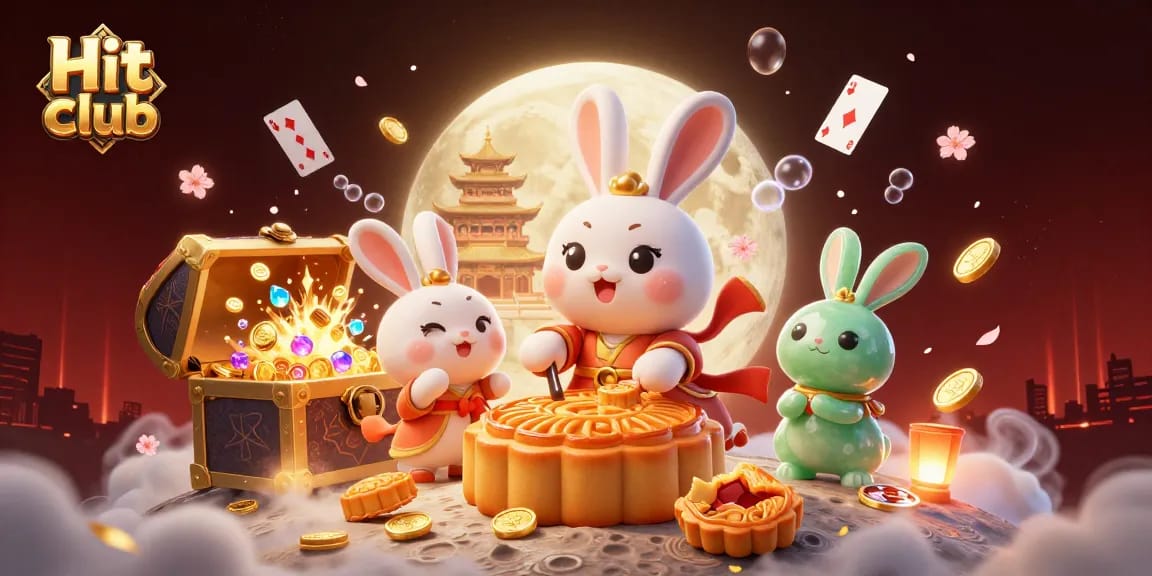 Hit club: 3D cartoon moon rabbit creating poker chip mooncakes with vibrant casino elements