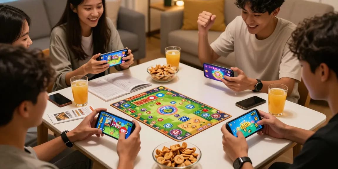 Friends enjoying a gaming night playing 3 Patti World app; visit site for more fun!