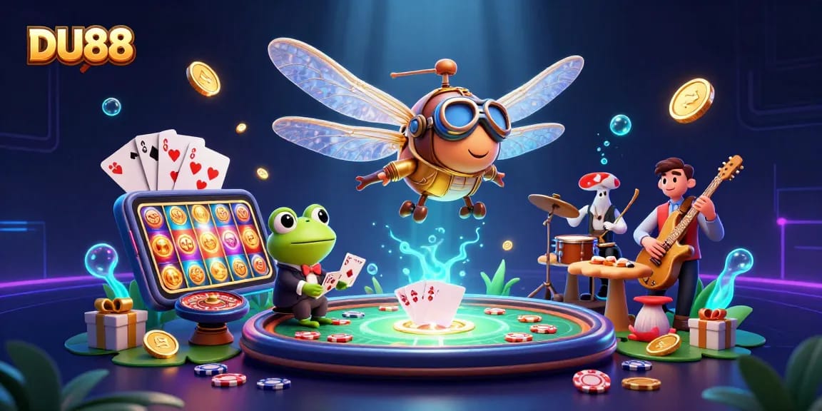Engage with DU88's thrilling casino scene featuring a dragonfly pilot and frog croupier.