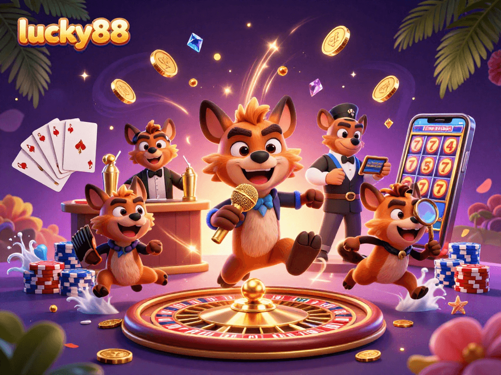 Experience the excitement of moments at lucky88’s casino with vibrant cartoon hyenas, golden coins, and gems.