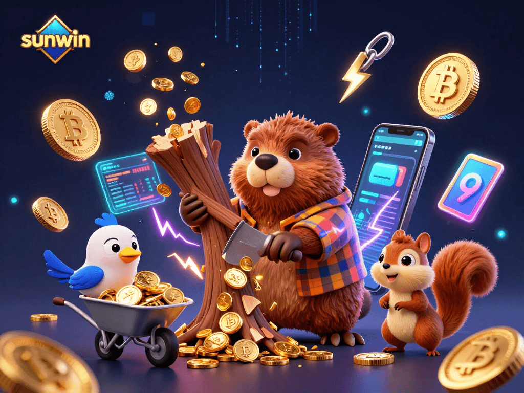 Experience the thrill of sunwin with a cartoon lumberjack beaver, gold coins, and crypto elements.