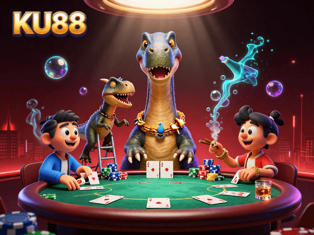 Bet on KU88 at a vibrant casino scene featuring a cartoon dinosaur and poker action.