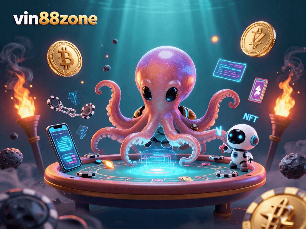 Engage with vin88zone through a vibrant alien-themed poker game illustration showcasing crypto elements.