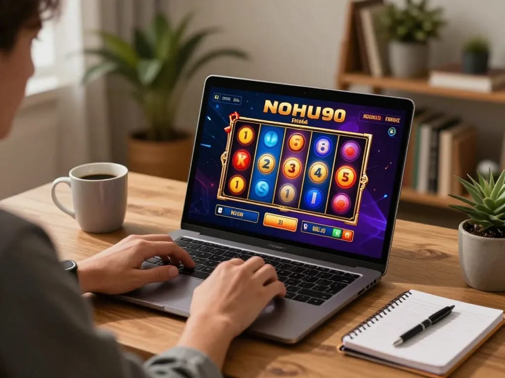 Nohu90 player spinning colorful slot reels at a cozy home office.