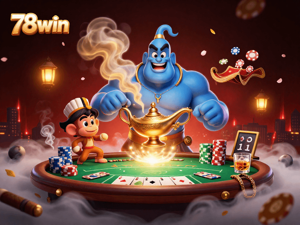 78win showcases a magical scene with a genie and poker elements, capturing the thrill of online gambling.