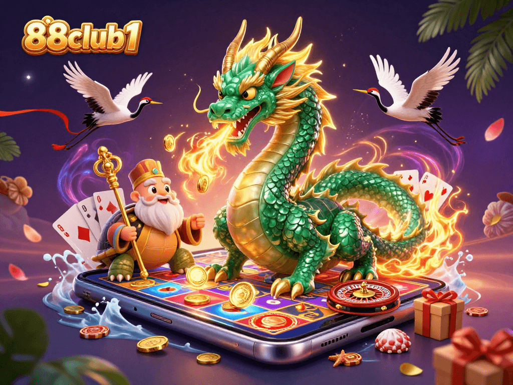 Experience exhilarating gaming at 88club1 with a vibrant dragon and bright casino elements.