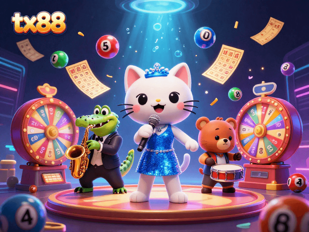 Join the excitement at tx88 with a vibrant 3D illustration of jazzy characters and dynamic lottery elements.