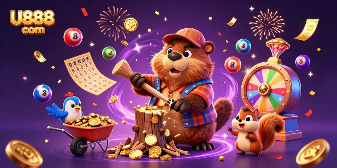 Experience the thrill of winning with U888 com, showcasing a beaver collecting coins in a vibrant casino setting.