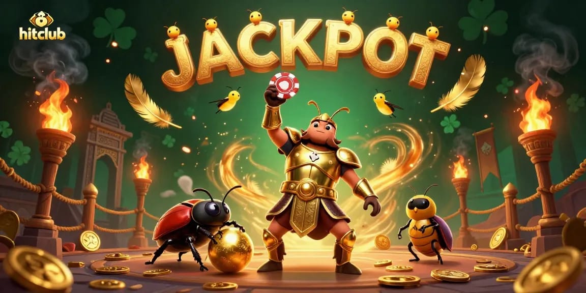 Experience excitement with hitclub's jackpot in this vibrant 3D illustration showcasing action-packed casino elements and characters.