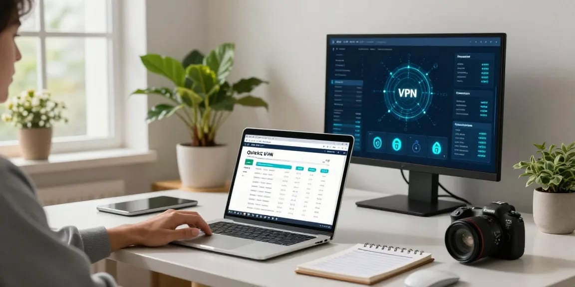 使用quickq官网进行安全上网的现代家庭办公室场景，展现高效网络保护与隐私服务。