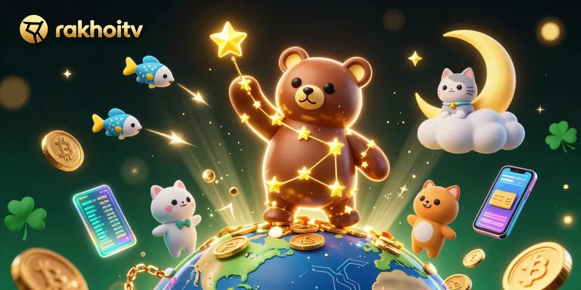 Experience thrilling games at rakhoitv with dynamic cartoon characters celebrating wins and crypto elements.