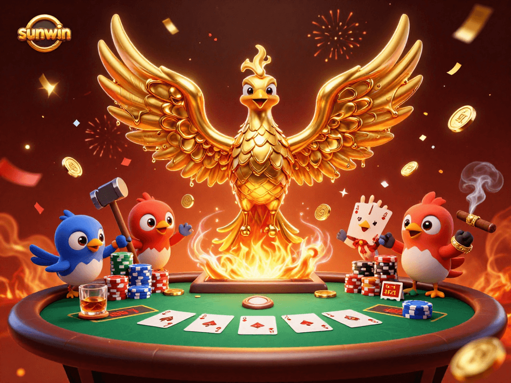 sunwin casino scene featuring a golden phoenix and poker elements sparking excitement