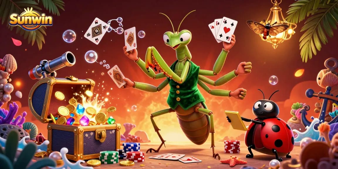 Experience the excitement of sunwin as the mantis card sharp deals cards amid colorful underwater treasures.