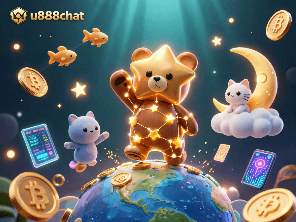 Engage with u888chat as a constellation bear scoops coins amidst crypto elements in a vibrant, dynamic casino scene.