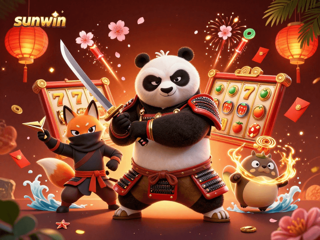 Engage with the sunwin experience, featuring animated samurai panda and lively casino elements.