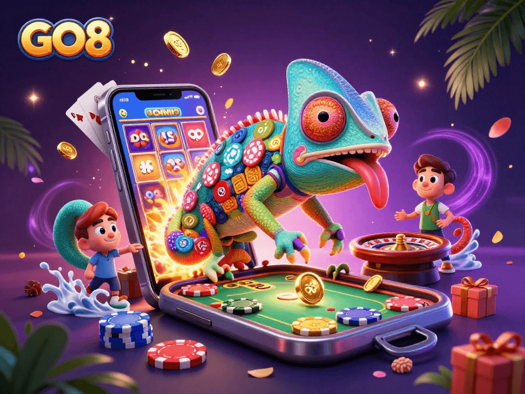 Engage with GO8's vibrant casino experience featuring a chameleon owner, golden coins, and dynamic games.