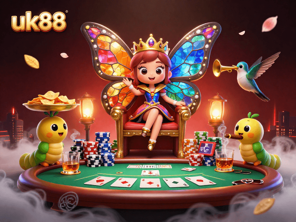 Experience the vibrant world of uk88 as players win big surrounded by colorful poker elements.