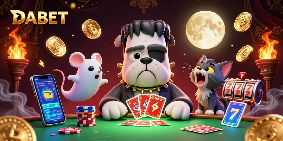 DABET showcases a lively 3D casino scene with a monster dealer, crypto coins, and vibrant slot elements.