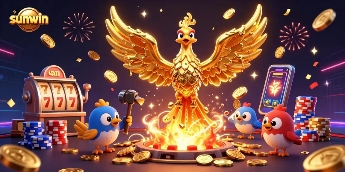 Experience the thrill of sunwin in this vibrant gaming scene with golden coins and jackpots.
