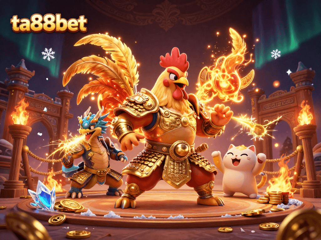 Experience thrilling wins at ta88bet with an epic showdown of a rooster warrior and dragon in this immersive casino scene.