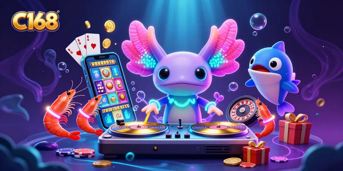 C168 players enjoy vibrant gaming with a neon axolotl DJ, shrimp dancers, and thrilling slot games.