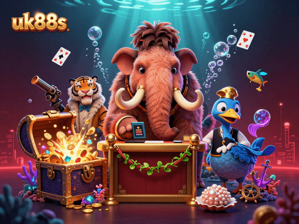 Experience excitement at uk88s with a vibrant casino scene featuring unique characters and underwater treasures.