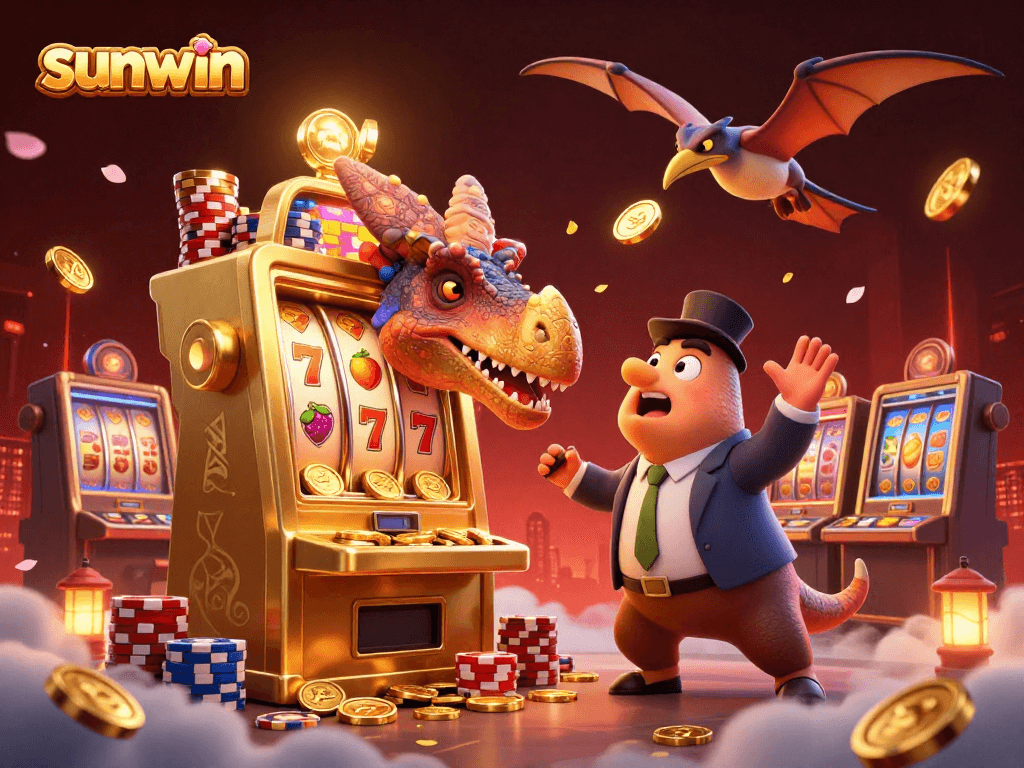 Play slots and win jackpots with sunwin, featuring cartoon dinosaurs in a vibrant casino scene.
